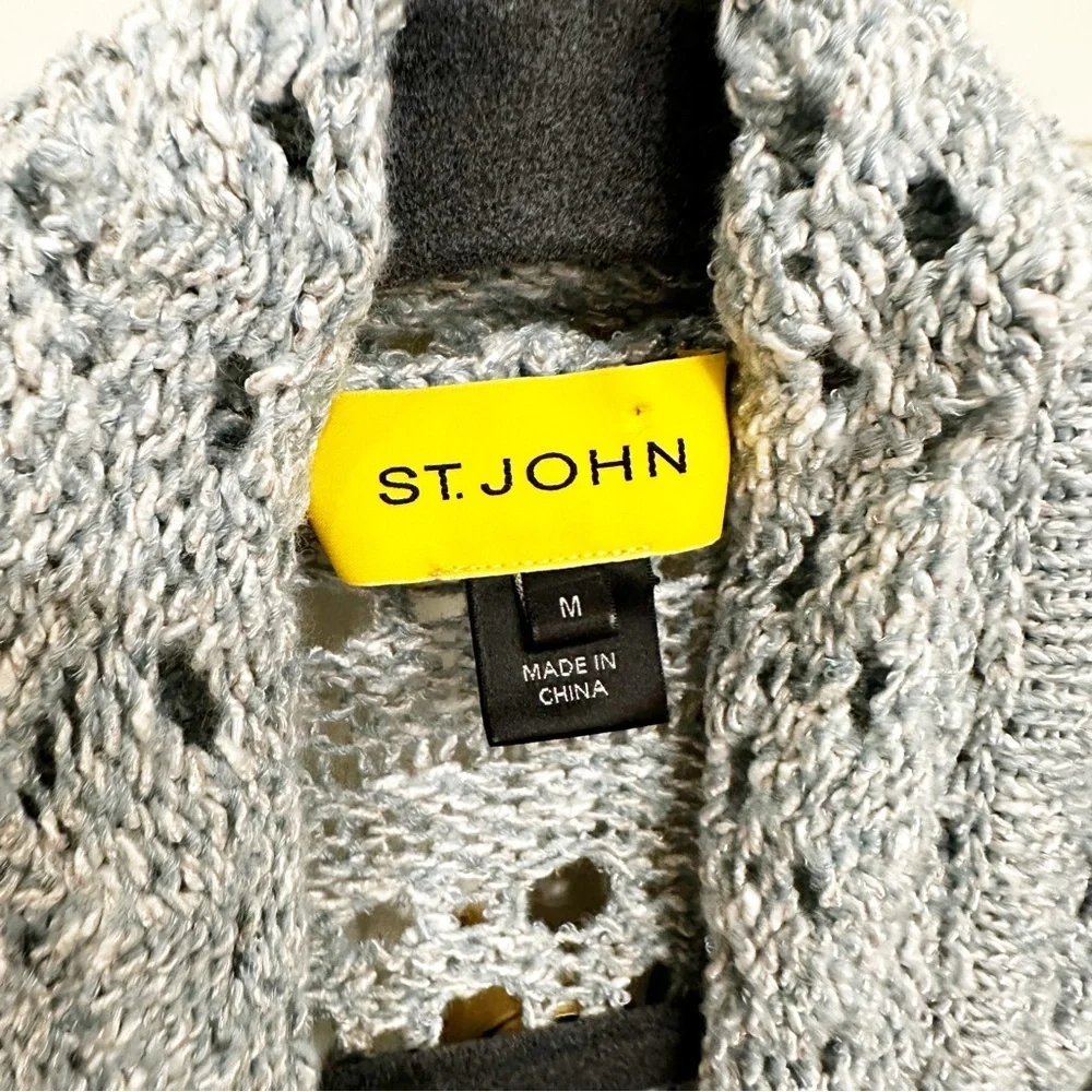 St John Designer Luxury Women’s Pale Blue Open Crochet Knit Waterfall Cardigan M